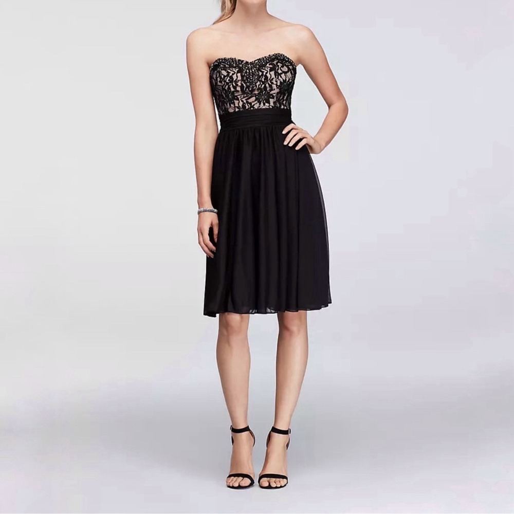 David's Bridal Jeweled Lace Mesh Strapless Cocktail Dress NWT Size 10 Black Nude